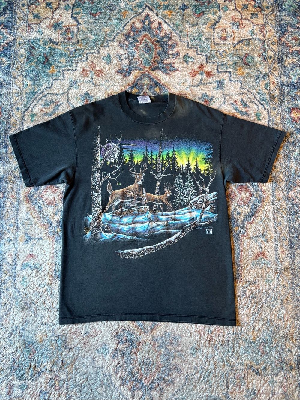 Vintage Deer Northern Lights Nature T-shirt Size XL
